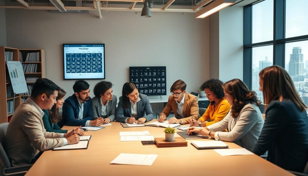 A well-organized office setting with a team of professionals collaborating on time management strategies. In the foreground, a group of diverse individuals gathered around a conference table, deep in discussion and making notes. Warm, diffused lighting creates a focused yet inviting atmosphere. The middle ground features a large calendar and productivity-focused digital displays, emphasizing the importance of effective time management. In the background, shelves of reference materials and a large window overlooking a bustling cityscape, suggesting a professional, well-appointed workspace. The overall scene conveys a sense of productivity, teamwork, and a dedication to optimizing time and resources.
