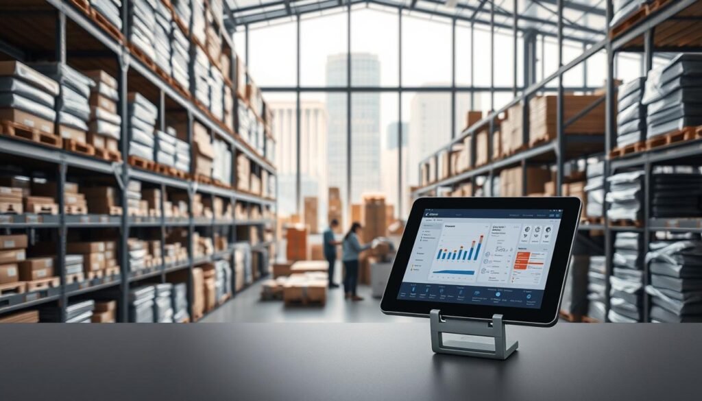 A well-organized warehouse interior with neatly stacked shelves and meticulously arranged inventory. Soft, diffused lighting illuminates the scene, casting gentle shadows and highlighting the texture of the products. In the foreground, a tablet device displays a stock management interface, showcasing the digital tools used to monitor and control the flow of goods. The middle ground features workers carefully inspecting and organizing items, ensuring efficiency and accuracy. In the background, a large window offers a glimpse of the bustling city outside, underscoring the interconnected nature of inventory management and the broader business ecosystem. The overall atmosphere conveys a sense of precision, organization, and technological integration in the management of products and stock. A well-organized warehouse interior with neatly stacked shelves and meticulously arranged inventory. Soft, diffused lighting illuminates the scene, casting gentle shadows and highlighting the texture of the products. In the foreground, a tablet device displays a stock management interface, showcasing the digital tools used to monitor and control the flow of goods. The middle ground features workers carefully inspecting and organizing items, ensuring efficiency and accuracy. In the background, a large window offers a glimpse of the bustling city outside, underscoring the interconnected nature of inventory management and the broader business ecosystem. The overall atmosphere conveys a sense of precision, organization, and technological integration in the management of products and stock.