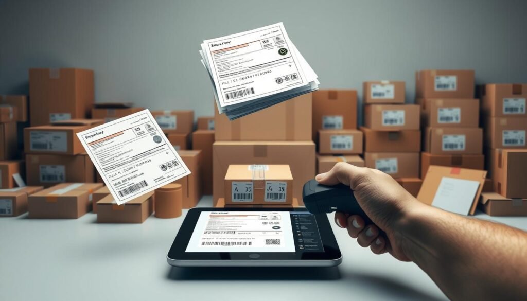 A wide, high-resolution image showcasing a variety of Shippo's core features. In the foreground, a stack of detailed shipping labels and tracking numbers float above a sleek, minimalist device interface. The middle ground depicts a parcel being scanned by a handheld barcode reader, highlighting Shippo's real-time tracking capabilities. In the background, an array of shipping boxes and envelopes of different sizes and styles create a sense of depth and the breadth of Shippo's services. The overall scene is bathed in soft, directional lighting that enhances the premium, professional feel. The color palette is muted yet striking, focusing the viewer's attention on the key product elements.