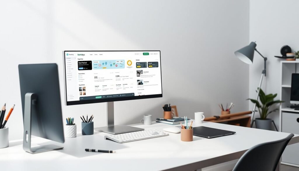 An AI-powered website building tool with a sleek, intuitive interface. Striking a balance between powerful features and effortless customization, the scene depicts a modern workspace with a minimalist desk, a large monitor displaying the software's dashboard, and a thoughtfully curated array of office supplies. The lighting is soft and diffused, creating a calm, productive atmosphere. The overall composition conveys a sense of efficiency, innovation, and the seamless integration of technology into the creative process.