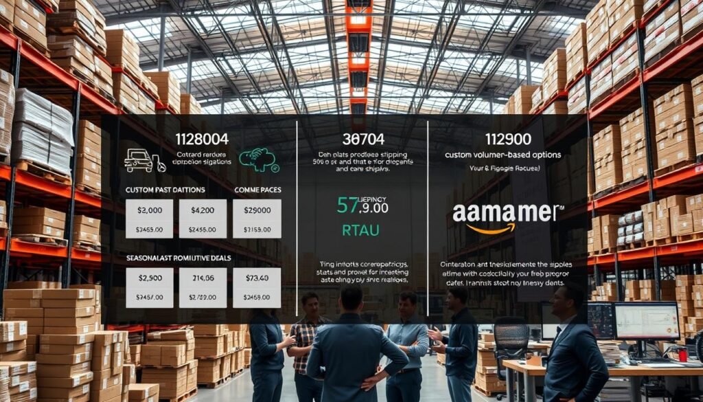 An expansive warehouse interior flooded with natural light, shelves stacked high with shipping boxes and packages. In the foreground, a dynamic display showcasing a variety of shipping pricing plans - tiered packages, custom volume-based options, and seasonal promotional deals, all presented with clear infographics and intuitive UI. The middle ground features a group of logistics professionals discussing the flexible plans, gesturing animatedly. In the background, a shipping control center buzzes with activity, technicians monitoring real-time data on pricing, inventory, and delivery routes. The overall atmosphere is one of efficiency, customization, and a comprehensive shipping solution tailored to diverse business needs.