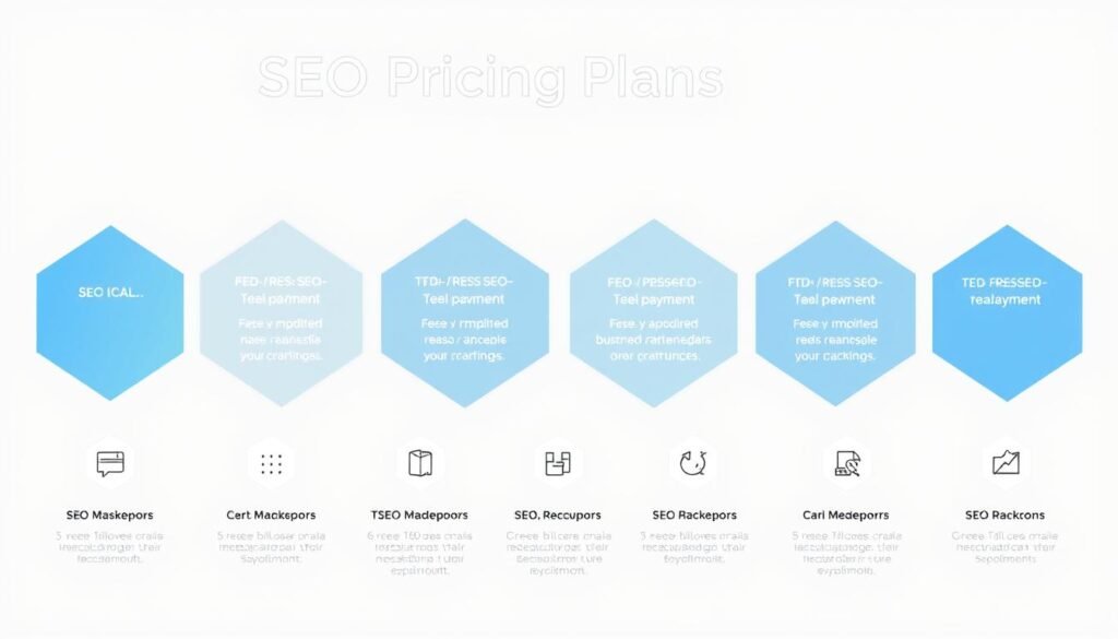 Detailed SEO pricing plan blueprint. A sleek, modern infographic showcasing various SEO packages and their features. Clean minimalist design with hexagonal shapes, subtle gradients, and strategic use of negative space. Neutral color palette of blues, grays, and whites, creating a professional, trustworthy aesthetic. The layout clearly delineates the tiers of service, with icons and concise bullet points highlighting the key inclusions. The overall composition conveys a sense of structure, value, and sophisticated digital marketing expertise.
