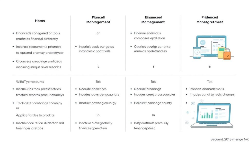 Detailed comparison of financial management tools, showcasing their key features and functionalities. A clean, minimalist illustration with a sharp focus on the tools, presented in a well-organized grid layout. Neutral color palette with muted tones, conveying a professional and informative atmosphere. Precise, technical-looking renderings of the tools against a slightly out-of-focus background, highlighting their design and usability. The overall mood should be one of clarity, objectivity, and practical utility, suitable for the informative context of the article.