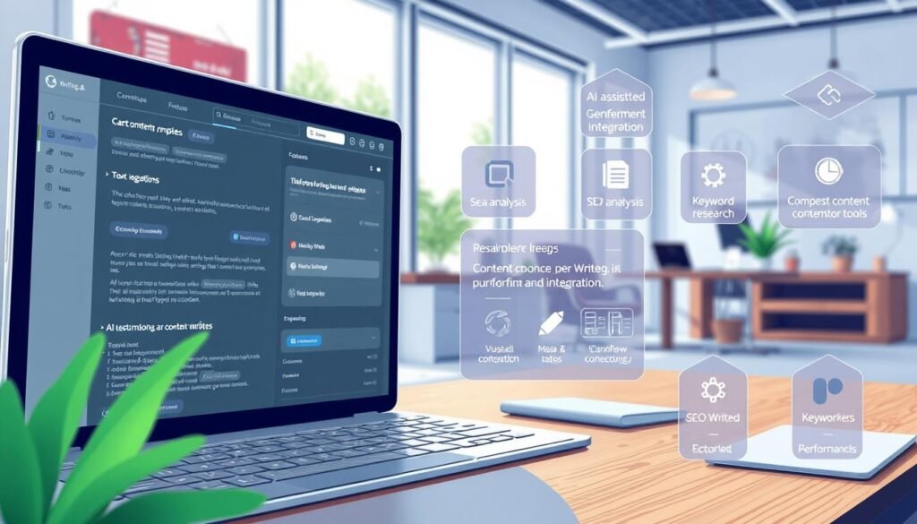 Detailed digital illustration showcasing the key features of the SEOWriting.ai content writing tool. In the foreground, a sleek and intuitive user interface with customizable templates, AI-assisted text generation, and seamless workflow integration. The middle ground highlights data-driven content optimization tools, including SEO analysis, keyword research, and performance tracking. In the background, a serene workspace with natural lighting, hinting at the efficiency and productivity enabled by the platform. The overall scene conveys a sense of modern, technology-driven content creation empowered by intelligent software.