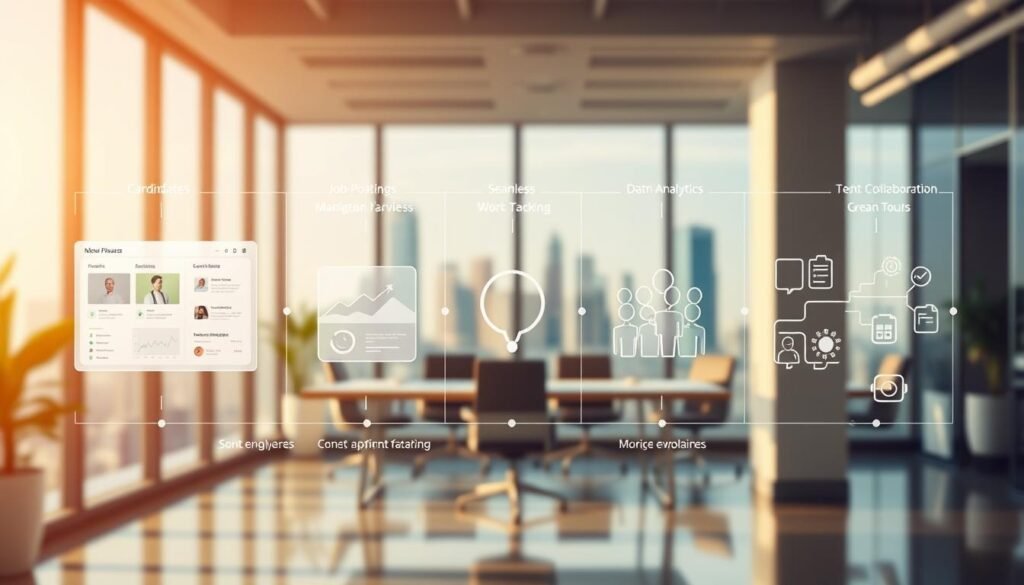 Detailed illustration of the core features of a recruitment management platform. A sleek, modern office environment with clean lines and minimalist design. In the foreground, various intuitive user interface elements showcasing key functionalities like candidate profiles, job postings, and applicant tracking. The middle ground depicts seamless workflow processes, data analytics, and team collaboration tools. The background has a blurred cityscape, symbolizing the platform's ability to connect employers with a wider talent pool. Warm, natural lighting creates a professional, productive atmosphere. The overall composition conveys efficiency, innovation, and an enhanced recruitment experience.