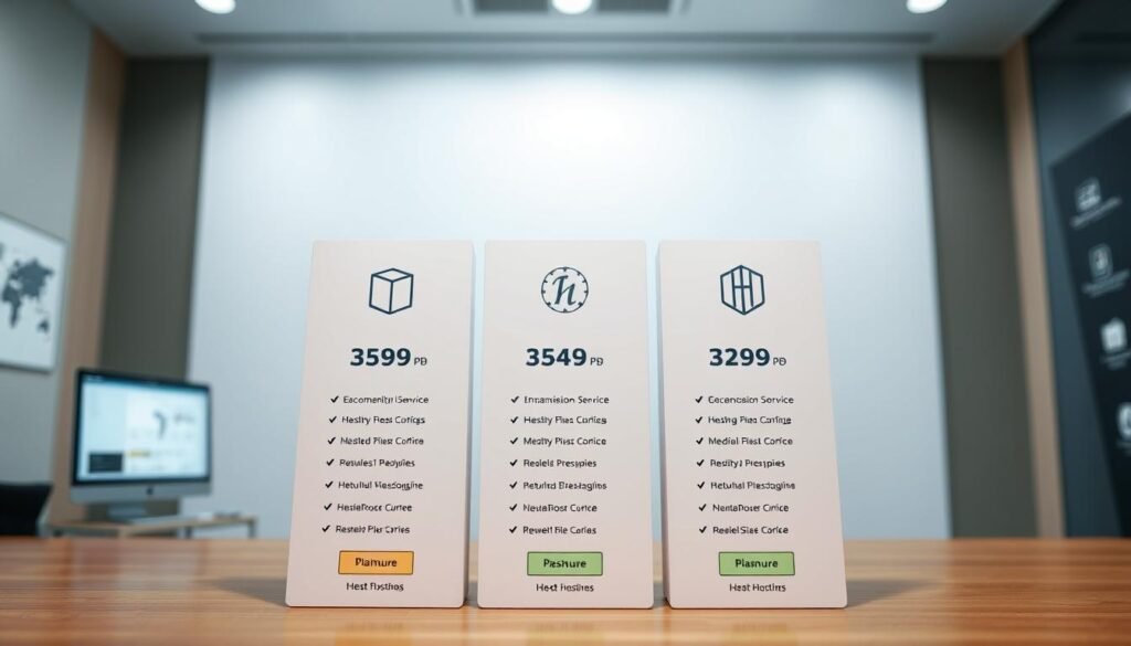 Detailed image of Hostinger's hosting plan pricing, showcasing a clean, minimalist layout with crisp, high-resolution icons and typography. The foreground should feature a prominent display of the pricing tiers, with clear delineation between the different plan options. The middle ground could include subtle supporting graphics or illustrations related to web hosting services. The background should convey a professional, technology-focused ambiance with muted, complementary colors. Lighting should be natural and evenly distributed, creating a sense of clarity and focus on the key pricing information. The overall mood should be authoritative, informative, and visually appealing to potential Hostinger customers.