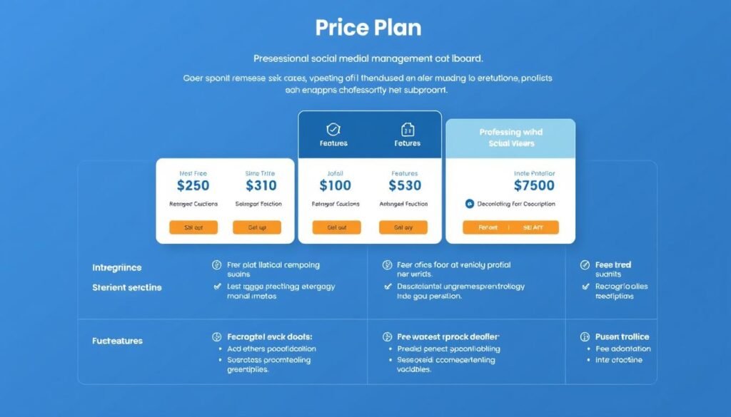Detailed pricing plan illustration featuring a professional social media management dashboard. Sleek, modern layout with clean typography showcasing various subscription tiers and feature breakdowns. Minimalist color palette of blues, grays, and whites conveys a sense of sophistication. Carefully arranged UI elements and icons provide a clear visualization of the offered services and pricing structure. Subtle background textures and gradients add depth and visual interest. The overall composition strikes a balance between informative and aesthetically pleasing, perfectly suited to illustrate the "Pricing Plans" section of the article. Detailed pricing plan illustration featuring a professional social media management dashboard. Sleek, modern layout with clean typography showcasing various subscription tiers and feature breakdowns. Minimalist color palette of blues, grays, and whites conveys a sense of sophistication. Carefully arranged UI elements and icons provide a clear visualization of the offered services and pricing structure. Subtle background textures and gradients add depth and visual interest. The overall composition strikes a balance between informative and aesthetically pleasing, perfectly suited to illustrate the "Pricing Plans" section of the article.