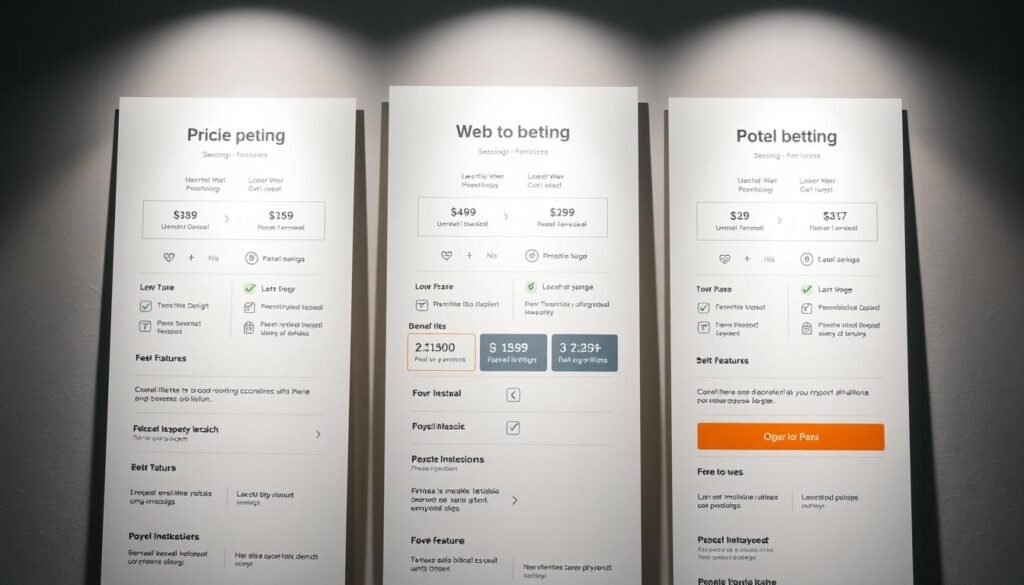 Detailed pricing plans for a professional web design service, showcasing a clean and modern user interface. The foreground features various pricing tiers and feature breakdowns, with a stylized grid layout. The middle ground highlights visual elements like icons, charts, and callout boxes to emphasize the key benefits. The background has a subtle gradient or texture, creating a minimalist and elegant atmosphere. Lighting is soft and diffused, with a slight focus on the central pricing information. The overall tone is informative, visually appealing, and designed to help users easily understand the web service's pricing structure.