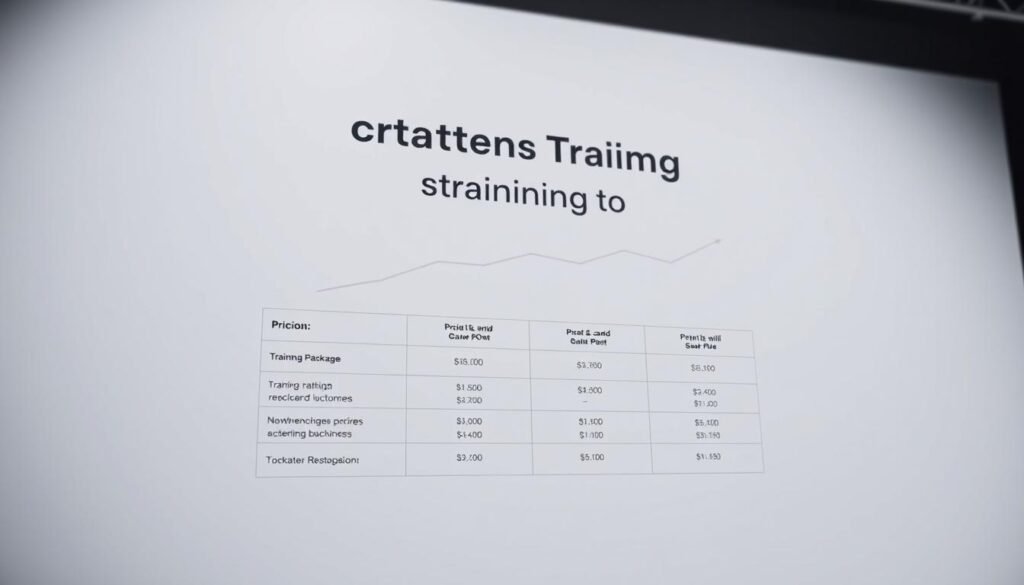 Detailed pricing plans for corporate training programs, presented on a sleek, professional-looking slide. The foreground features a bold, minimalist title and a clean table outlining different training package options, with clear pricing details. The middle ground showcases a subtle graph or chart visualizing the cost breakdown. The background is a muted, monochromatic palette, creating a sense of sophistication and focus on the financial information. Lighting is soft and even, with a slight depth of field to draw the viewer's attention to the key pricing data. The overall mood is one of clarity, organization, and data-driven decision making, suitable for a corporate training solution.