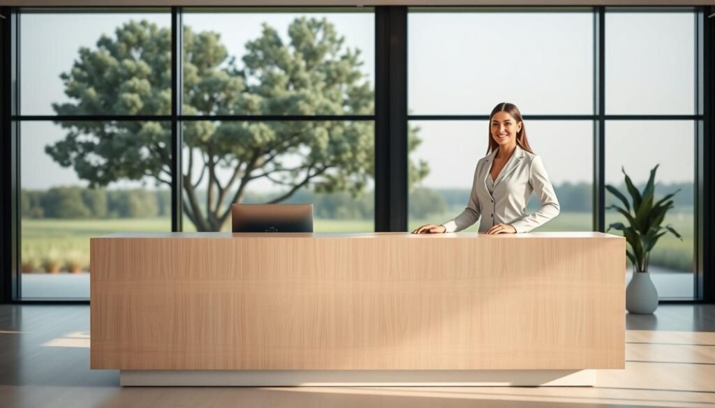Elegant customer service desk in a modern, minimalist office setting. The desk is made of sleek, light-colored wood with a clean, uncluttered design. Behind the desk, a large window offers a pleasant view of a serene outdoor scene, creating a calming atmosphere. The lighting is soft and diffused, highlighting the simple, refined aesthetic. The customer service representative, dressed in a crisp, professional outfit, greets visitors with a warm, friendly demeanor, embodying the high-quality service that Air Landline is known for. The overall scene conveys a sense of efficiency, attentiveness, and a commitment to providing an exceptional customer experience.