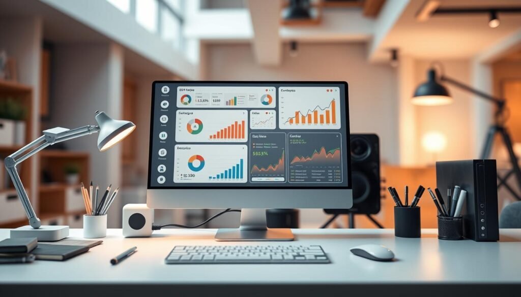 Highly detailed, photorealistic illustration of a collection of essential SEO tools and software, showcased on a clean, minimalist desktop setup. The foreground features neatly arranged icons, graphs, and analytics dashboards on a sleek monitor, while the middle ground displays a keyboard, mouse, and other office supplies in a cohesive color palette. The background depicts a modern, well-lit workspace with subtle architectural elements, creating a professional, productivity-driven atmosphere. Precise lighting, depth of field, and camera angle emphasize the refined, high-quality nature of the SEO tools and their effective use.