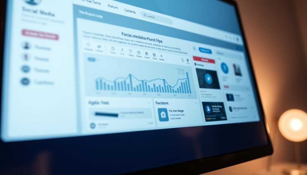 a close-up shot of a social media management dashboard with a sleek, minimalist design. The dashboard features various icons and data visualizations, including analytics graphs, scheduling tools, and content creation modules. The interface is displayed on a high-resolution screen with a matte, anti-glare finish, bathed in a soft, indirect lighting that creates a calm and professional atmosphere. The background is subtly blurred, placing the focus entirely on the intuitive and user-friendly dashboard. The overall impression conveys the power and efficiency of a comprehensive social media management platform. a close-up shot of a social media management dashboard with a sleek, minimalist design. The dashboard features various icons and data visualizations, including analytics graphs, scheduling tools, and content creation modules. The interface is displayed on a high-resolution screen with a matte, anti-glare finish, bathed in a soft, indirect lighting that creates a calm and professional atmosphere. The background is subtly blurred, placing the focus entirely on the intuitive and user-friendly dashboard. The overall impression conveys the power and efficiency of a comprehensive social media management platform.