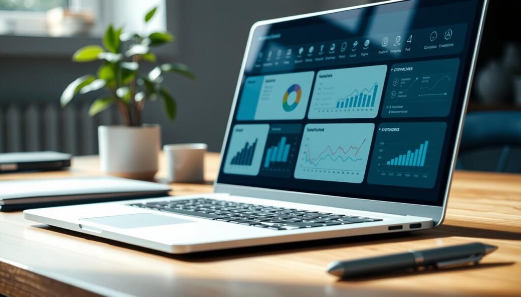 a close-up view of a business process management dashboard on a laptop screen, displayed in a modern and minimalist style. the dashboard features various charts, graphs, and analytics tools, all presented with a clean and organized layout. the screen is positioned on a wooden desk, with a plant and other office supplies visible in the background. the lighting is soft and natural, creating a calming and professional atmosphere. the overall impression is one of efficient and streamlined business operations.