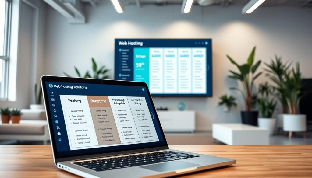 a detailed and visually striking image of a modern web hosting plan presentation, with a clean and professional look. Set in a well-lit office environment, the foreground features a laptop or tablet displaying various hosting plan options, including details on storage, bandwidth, and pricing. The middle ground showcases a large display screen or monitor, showcasing the hosting plan features in an easy-to-understand layout. The background features minimalist office decor, such as potted plants, sleek furniture, and neutral-toned walls, creating a calming and sophisticated atmosphere. The lighting is bright and even, highlighting the clarity and precision of the hosting plan information. The angle is slightly elevated, giving the viewer a sense of authority and confidence in the hosting solutions presented. a detailed and visually striking image of a modern web hosting plan presentation, with a clean and professional look. Set in a well-lit office environment, the foreground features a laptop or tablet displaying various hosting plan options, including details on storage, bandwidth, and pricing. The middle ground showcases a large display screen or monitor, showcasing the hosting plan features in an easy-to-understand layout. The background features minimalist office decor, such as potted plants, sleek furniture, and neutral-toned walls, creating a calming and sophisticated atmosphere. The lighting is bright and even, highlighting the clarity and precision of the hosting plan information. The angle is slightly elevated, giving the viewer a sense of authority and confidence in the hosting solutions presented.