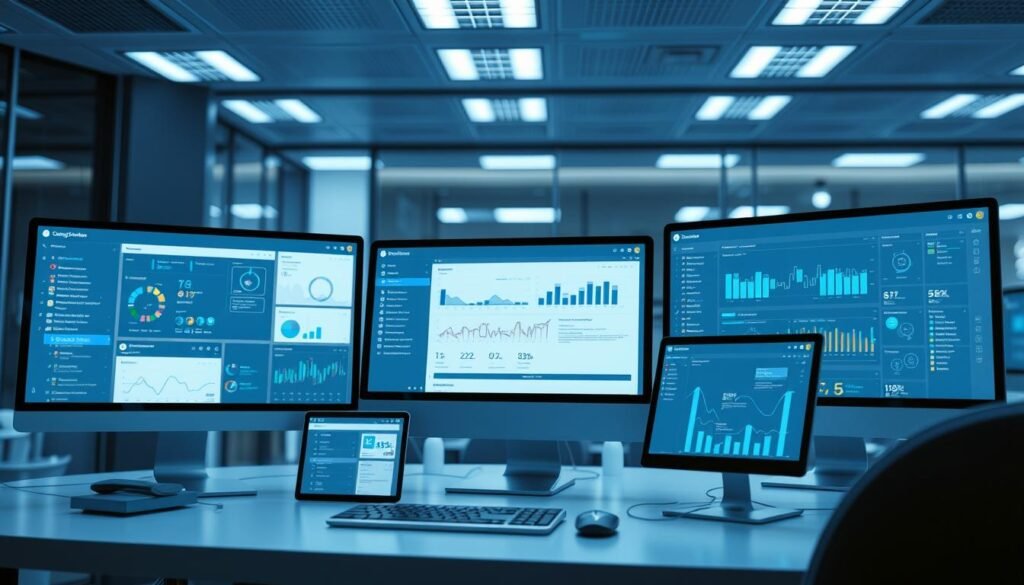 a high-quality, detailed, and photorealistic image of the technical integrations and extensions for employment management, showcasing a modern and sleek user interface with various modules and analytics dashboards displayed on multiple screens and devices. The image should convey a sense of efficiency, automation, and data-driven decision-making, with clean lines, minimalist design, and a cool color palette of blues, grays, and whites. The scene should be well-lit, with a soft, diffused lighting that highlights the various UI elements and creates a professional, cutting-edge atmosphere.