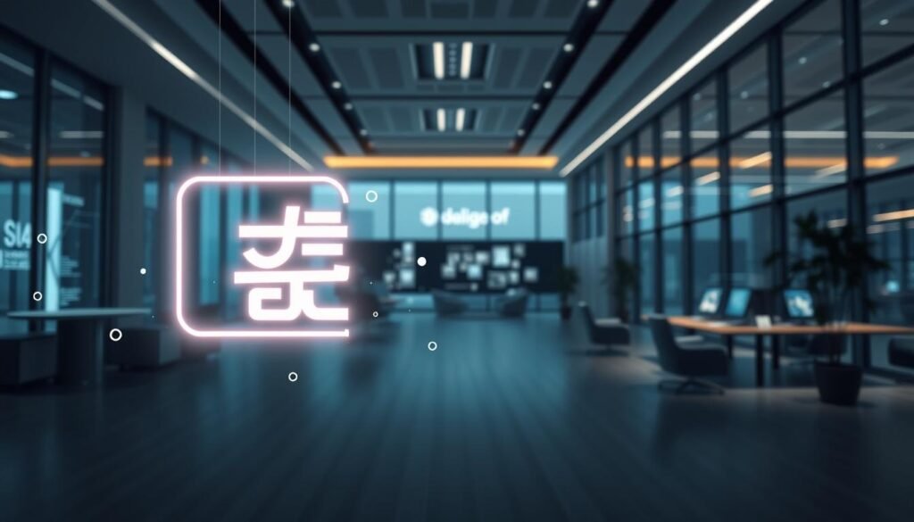 a highly detailed and realistic digital illustration of a competitive advantage, set against a background of a modern office scene. in the foreground, a stylized icon or symbol representing "ميزات تنافسية" (competitive features) hovers, glowing with an elegant neon light. the icon is sleek, minimalist, and reflects a sense of innovation and technological sophistication. in the middle ground, there are abstract shapes and lines that convey a sense of data, analytics, and digital infrastructure, hinting at the technological capabilities that underpin the competitive advantages. the background depicts a panoramic view of a state-of-the-art office space, with floor-to-ceiling windows, modern furniture, and subtle branding elements that suggest a leading technology or IT services company. the overall lighting is dramatic, with pools of light and shadow creating depth and atmosphere, and the color palette is a harmonious blend of cool, elegant tones.