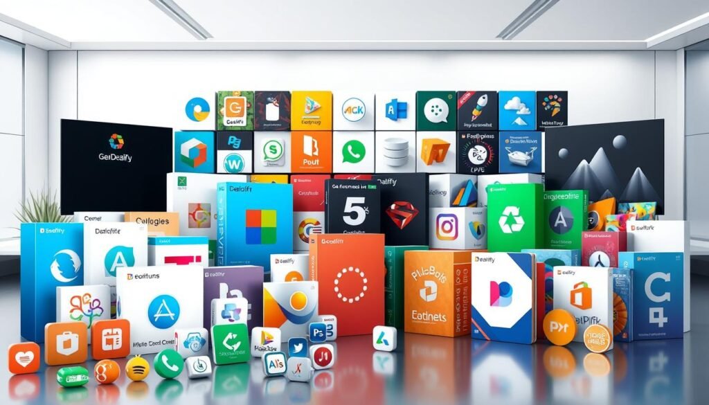 a highly detailed digital illustration of various software products and services available on the Dealify platform, showcasing their diversity and appeal. The foreground features a group of colorful, stylized icons representing different software categories such as productivity tools, design applications, cloud storage, and entertainment apps. The middle ground displays realistic 3D renderings of popular software boxes and logos, arranged in an organized grid layout. The background depicts a sleek, minimalist workspace setting with clean lines, neutral tones, and subtle geometric patterns, creating a sense of sophistication and professionalism. The overall composition conveys the wide range of high-quality, discounted software solutions that Dealify offers to its users, presented in a visually striking and appealing manner.