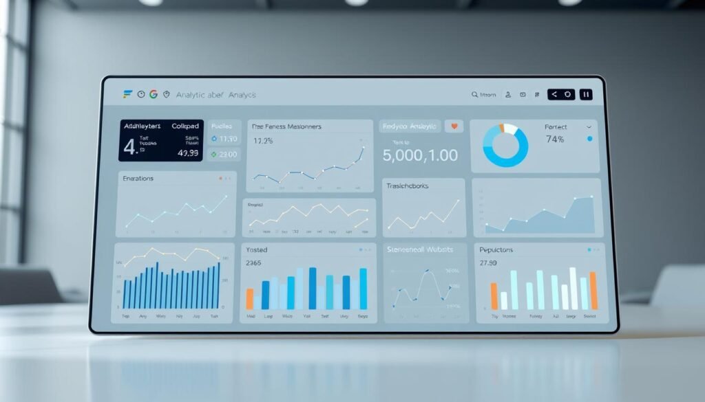 a highly detailed, hyper-realistic 3D render of a sleek, modern analytics dashboard interface with sophisticated data visualization tools and interactive elements, set against a clean, minimalist background with subtle lighting and depth of field effects, showcasing a seamless user experience for website traffic analysis