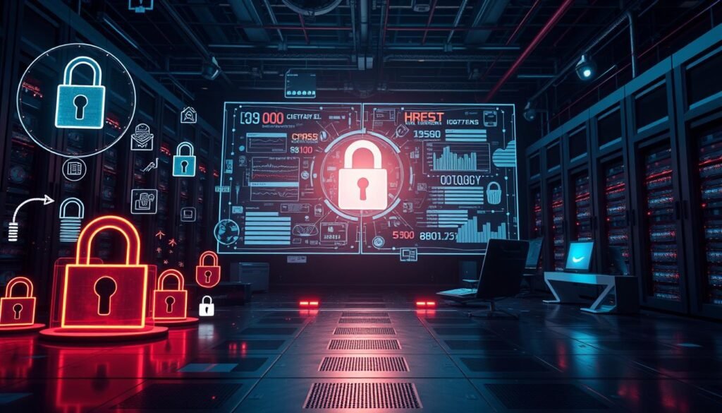 a highly detailed, realistic, and cinematic image of "قضايا الأمان" (Security Issues) depicted as a complex, multi-layered scene. The foreground features various digital security icons and symbols, such as locked padlocks, encryption keys, and firewall elements, all rendered in a sleek, futuristic style. The middle ground showcases a large, holographic display projecting intricate data visualizations and analytics related to cybersecurity threats and vulnerabilities. In the background, a dimly lit, industrial-style environment with towering server racks, blinking LED panels, and a subtle glow from computer monitors creates an atmosphere of high-tech, mission-critical importance. The lighting is dramatic, with strategically placed shadows and highlights emphasizing the gravity and complexity of the "قضايا الأمان" concept. The overall tone is one of sophistication, technological prowess, and the critical importance of safeguarding digital assets and information.