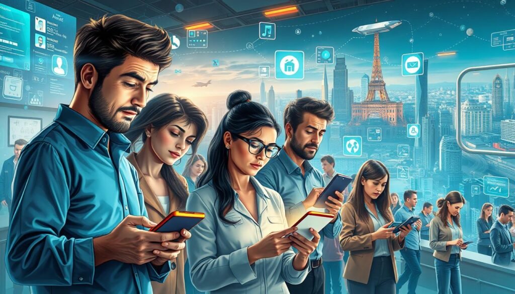 a hyper-realistic, detailed, and immersive illustration of users' experiences with digital services, showcasing a diverse group of people interacting with various digital platforms and applications. The scene depicts a vibrant and dynamic environment, with a mix of both professional and casual settings. The foreground features individuals intently focused on their digital devices, expressing a range of emotions, from satisfaction to frustration. The middle ground showcases a variety of digital interfaces, including mobile apps, websites, and software tools, all seamlessly integrated into the scene. The background presents a sophisticated and technologically advanced landscape, hinting at the ubiquity of digital services in modern life. The overall mood is one of exploration, engagement, and the ever-evolving relationship between users and the digital world.