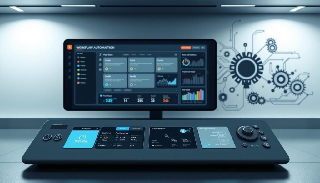a photo of a futuristic workflow automation system, featuring a sleek, minimalist control panel with intuitive icons and visualizations. The panel is set against a clean, well-lit backdrop, with a subtle gradient that creates depth and a sense of modernity. The foreground showcases various workflow stages, represented by dynamic animated tiles that illustrate the automation process. The middle ground features a large display screen, projecting a real-time workflow dashboard with performance metrics and optimization suggestions. In the background, a network of interconnected gears and circuits suggests the complex, intelligent infrastructure powering the automation features. The overall atmosphere is one of efficiency, precision, and technological sophistication.