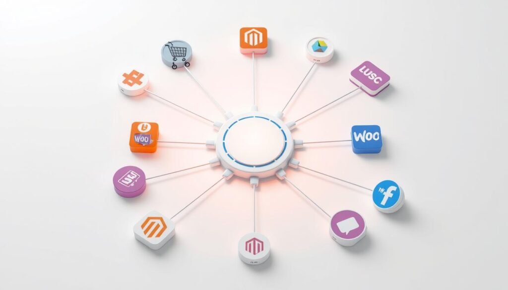 a photorealistic 3D illustration of the integration and synchronization of various e-commerce platforms, showcasing their seamless interconnectivity. The scene depicts a central hub surrounded by various e-commerce icons, representing popular platforms like Shopify, Magento, WooCommerce, and others. The hub is connected to these platforms through sleek, dynamic pathways, symbolizing the real-time data exchange and synchronization between them. The overall composition conveys a sense of harmony, efficiency, and technological advancement, reflecting the concept of "تكامل منصات المتاجر الإلكترونية". The lighting is soft and diffused, creating a clean, professional aesthetic. The camera angle is positioned to provide an overhead, bird's-eye view, emphasizing the interconnected nature of the e-commerce ecosystem.