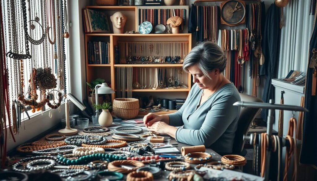 A cozy home studio filled with an array of handcrafted accessories, including intricate necklaces, earrings, and bracelets made from a variety of materials such as beads, metals, and leather. Soft, natural lighting illuminates the workspace, where a woman meticulously assembles each piece with a keen eye for detail. The background showcases shelves displaying a range of finished products, highlighting the vibrant colors and textures of the accessories. The overall atmosphere conveys a sense of creativity, dedication, and the potential for a profitable home-based jewelry-making business.