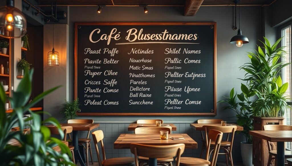 A cozy, modern cafe interior with an elegant chalkboard sign displaying a variety of creative cafe business name ideas. Warm lighting illuminates the rustic wooden tables and chairs, while lush potted plants and stylish decor add a touch of sophistication. The scene has a inviting, artisanal atmosphere, reflecting the distinctive and memorable branding of the featured cafe business names.