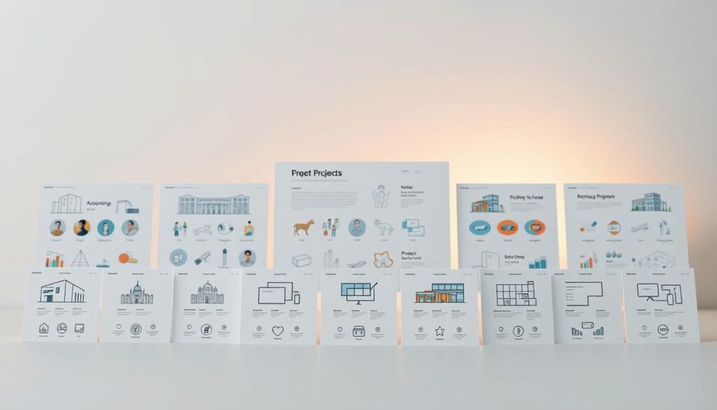 A meticulously designed collection of diverse project templates, showcasing a range of architectural, business, and creative initiatives. The foreground features sleek, minimalist icons representing different project types, each with a distinct visual identity. The middle ground presents a clean, gridded layout, highlighting the modular and customizable nature of the templates. The background offers a subtle gradient, emanating a sense of professionalism and sophistication. Soft, warm lighting casts a gentle glow, creating a welcoming and inviting atmosphere. The overall composition conveys a well-organized, visually appealing, and comprehensive set of project models, catering to a wide range of needs and industries.
