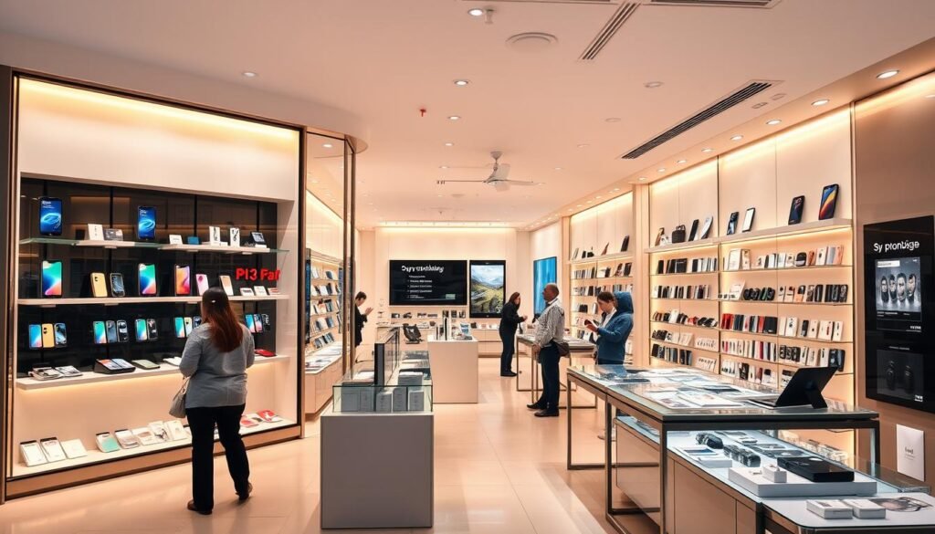 A modern and stylish mobile phone and accessories store, bathed in warm, inviting lighting. The storefront features a sleek, minimalist design with large display windows showcasing the latest smartphones and gadgets. Inside, neatly organized shelves and displays present a wide selection of cases, chargers, headphones, and other essential mobile accessories. The space is airy and bright, with clean lines and a contemporary color palette that conveys a sense of professionalism and technological sophistication. Customers are drawn in by the store's inviting atmosphere, eager to browse the curated collection and find the perfect items to enhance their mobile experience.
