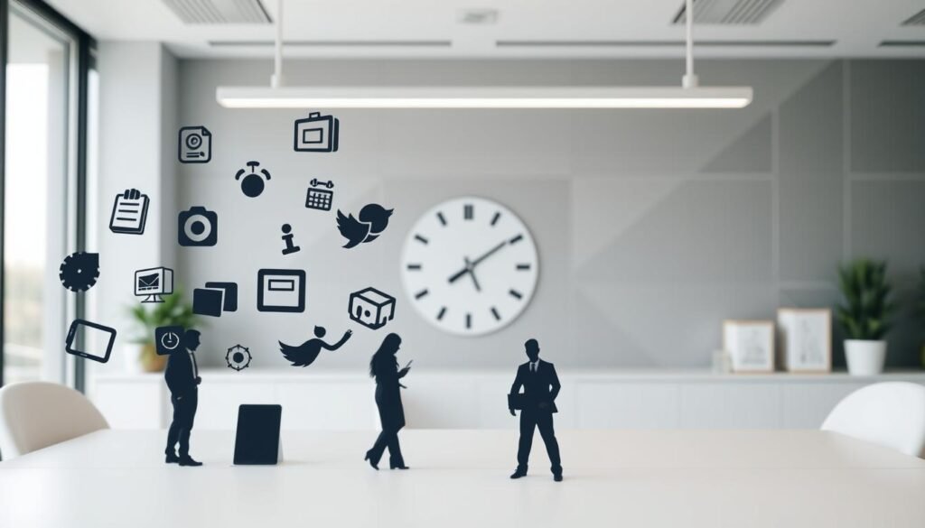 A modern office workspace with various time tracking software icons and silhouettes floating in the foreground, conveying the idea of alternative options to Buddy Punch. The middle ground features a stylized illustration of a clock face and calendar, symbolizing the time management aspect. The background showcases a minimalist, geometric pattern in muted, professional colors, creating a clean, sophisticated ambiance. The lighting is soft and diffused, lending a sense of tranquility to the scene. The overall composition strikes a balance between digital and analog elements, reflecting the diverse nature of time tracking solutions. A modern office workspace with various time tracking software icons and silhouettes floating in the foreground, conveying the idea of alternative options to Buddy Punch. The middle ground features a stylized illustration of a clock face and calendar, symbolizing the time management aspect. The background showcases a minimalist, geometric pattern in muted, professional colors, creating a clean, sophisticated ambiance. The lighting is soft and diffused, lending a sense of tranquility to the scene. The overall composition strikes a balance between digital and analog elements, reflecting the diverse nature of time tracking solutions.