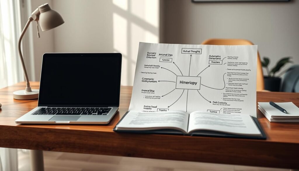 A peaceful office setting with a wooden desk, a laptop, and a notepad open, showcasing a neatly organized mind map or cognitive behavioral therapy framework. Soft, natural lighting illuminates the scene, creating a serene and focused atmosphere. The mind map should feature key elements like automatic thoughts, cognitive distortions, and evidence-based interventions, visually demonstrating the effectiveness of this therapeutic approach. The overall composition should convey a sense of clarity, productivity, and personal growth.