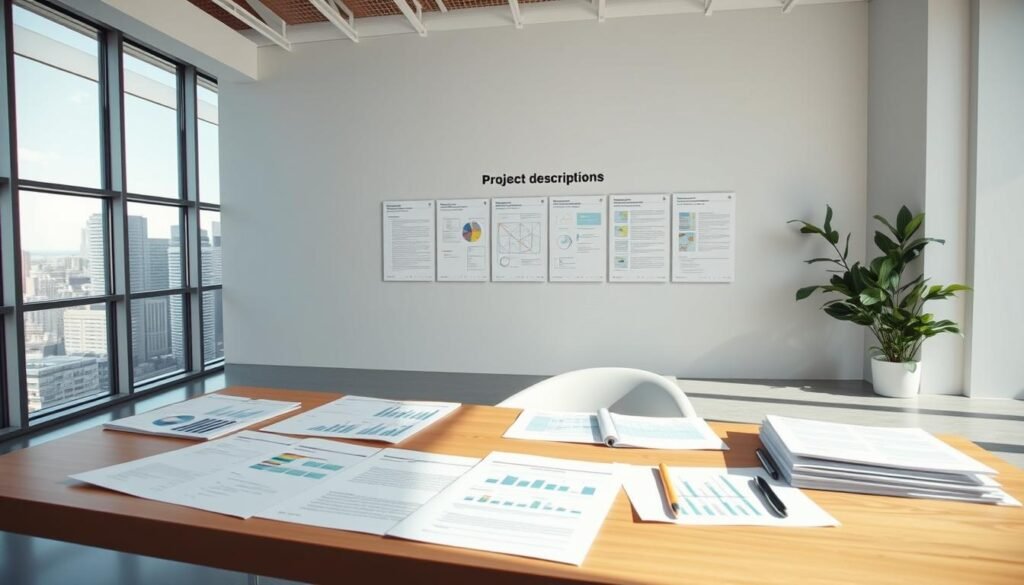 A professional, high-quality photo showcasing 10 different project description models. The image is set in a modern, minimalist office space with clean lines and natural lighting. In the foreground, a variety of project planning documents, spreadsheets, and diagrams are neatly arranged on a sleek, wooden desk. The middle ground features a wall-mounted display presenting the 10 project description templates in a visually appealing layout. The background consists of large windows overlooking a cityscape, conveying a sense of productivity and innovation. The overall mood is one of organization, efficiency, and success in project management.