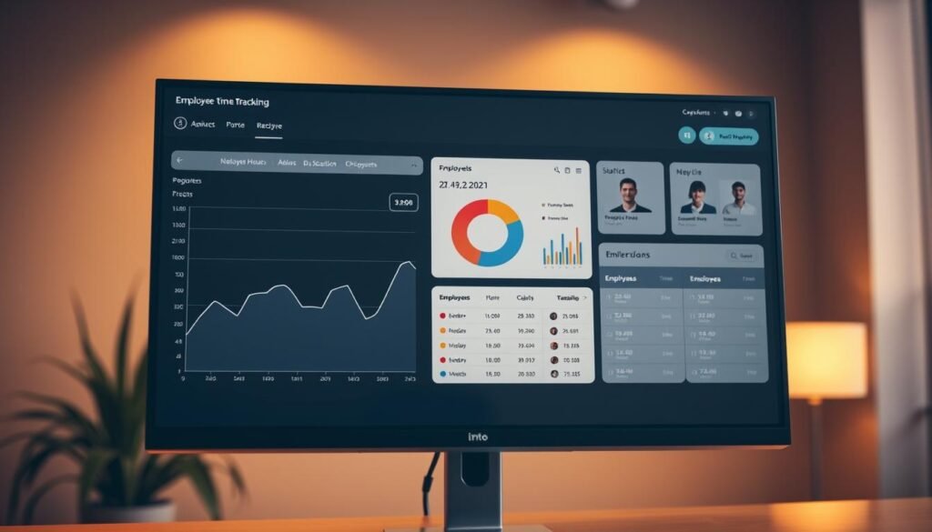 A sleek, modern employee time tracking dashboard displayed on a high-resolution monitor. The interface features a clean, minimalist design with clear data visualizations and intuitive controls. In the foreground, a line graph tracks employee hours over time, while a central pie chart breaks down time spent on different tasks. The middle ground showcases employee profiles and attendance records, all presented in a crisp, organized manner. The background subtly blurs, drawing the eye to the essential information. Warm, indirect lighting casts a professional, productive atmosphere, and the camera angle is slightly elevated to convey a sense of oversight and control.