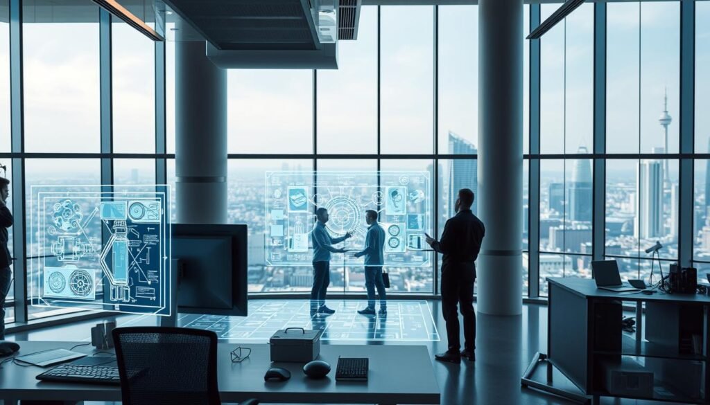 A sleek, modern office interior showcasing the latest technological innovations. In the foreground, a minimalist workspace with a high-tech computer setup, a trio of holograms projecting intricate digital blueprints. In the middle ground, a team of engineers and designers collaborating around a large interactive touchscreen, brainstorming new product ideas. The background features floor-to-ceiling windows, allowing natural light to flood the space and offering a panoramic view of a bustling, futuristic cityscape. The atmosphere is one of creativity, collaboration, and the boundless potential of cutting-edge technology.