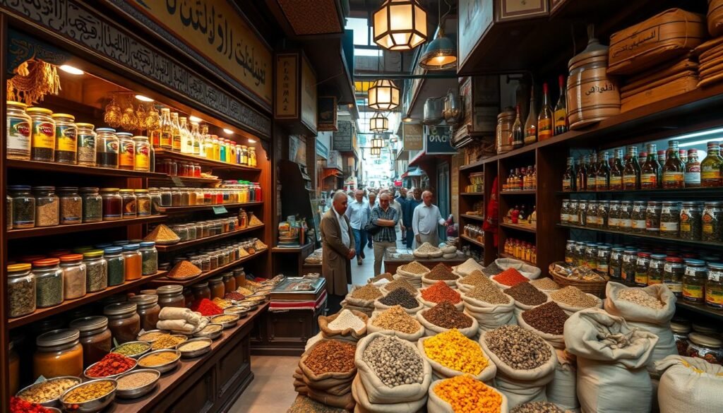 A traditional spice shop in a bustling Middle Eastern marketplace, showcasing an array of fragrant herbs, spices, and aromatic oils. The storefront is adorned with intricate Arabic calligraphy and decorative tilework, casting a warm, inviting glow. In the foreground, wooden shelves display an abundance of jars and sacks filled with exotic seasonings, their colors and textures forming a visually captivating tableau. The middle ground features a shopkeeper, dressed in traditional garb, engaging with customers and sharing the stories behind the shop's centuries-old wares. The background is a vibrant, bustling scene of the marketplace, with people moving through the narrow streets and the sounds of haggling and lively conversation filling the air. The overall atmosphere evokes a sense of tradition, heritage, and the rich culinary history of the region.