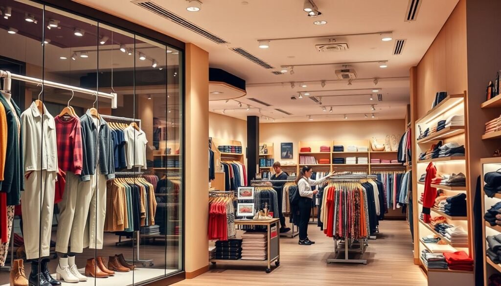 A vibrant and well-organized clothing and accessories retail store, with a modern and inviting aesthetic. The storefront features large display windows showcasing an array of stylish outfits, accessories, and seasonal items. The interior is filled with neatly arranged racks and shelves, allowing customers to easily browse the diverse selection. Warm lighting casts a welcoming glow, and the overall atmosphere exudes a sense of quality and professionalism. Knowledgeable sales associates are available to provide personalized assistance, ensuring a pleasant and productive shopping experience for all customers.