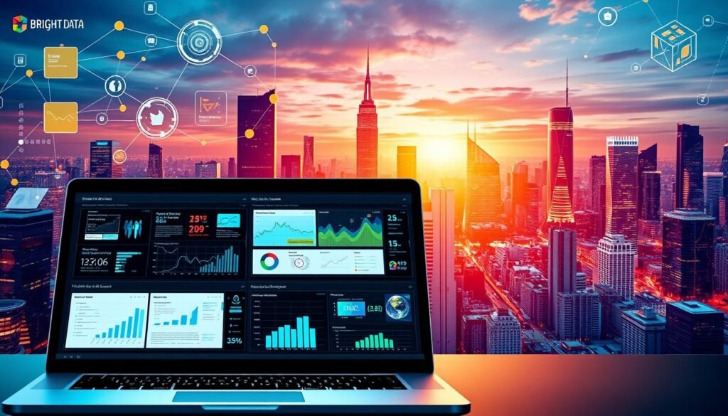 A vibrant collage of digital technologies, showcasing the diverse web data use cases for Bright Data's services. In the foreground, a sleek laptop displays various data visualizations and analytics dashboards, reflecting the power of web scraping and data extraction. The middle ground features a network of interconnected devices, representing the seamless integration of Bright Data's solutions into the digital ecosystem. In the background, a cityscape of skyscrapers and digital infrastructure underscores the global reach and enterprise-level capabilities of the platform. The scene is bathed in a warm, futuristic glow, conveying the efficiency, reliability, and innovation that Bright Data brings to the table.