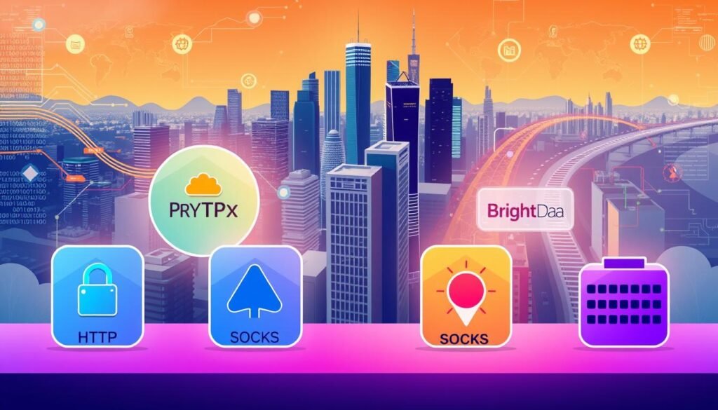 A vibrant illustration showcasing the diverse proxy options offered by Bright Data. In the foreground, an array of proxy icons representing various protocols - HTTP, SOCKS, Residential, Datacenter - each distinct in color and style. In the middle ground, a sleek cityscape with skyscrapers and busy streets, symbolizing the global reach and connectivity of Bright Data's proxy network. The background features a dynamic, digital landscape with lines of code, data visualizations, and abstract geometric patterns, conveying the technological sophistication and data-driven capabilities. The overall scene is bathed in a warm, inviting glow, reflecting the reliability and trustworthiness of Bright Data's proxy solutions. A vibrant illustration showcasing the diverse proxy options offered by Bright Data. In the foreground, an array of proxy icons representing various protocols - HTTP, SOCKS, Residential, Datacenter - each distinct in color and style. In the middle ground, a sleek cityscape with skyscrapers and busy streets, symbolizing the global reach and connectivity of Bright Data's proxy network. The background features a dynamic, digital landscape with lines of code, data visualizations, and abstract geometric patterns, conveying the technological sophistication and data-driven capabilities. The overall scene is bathed in a warm, inviting glow, reflecting the reliability and trustworthiness of Bright Data's proxy solutions.