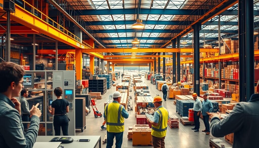 A vibrant industrial landscape with various businesses utilizing time tracking software. In the foreground, a modern office with employees punching in and out on digital timeclocks. In the middle ground, a bustling construction site where workers wear smart wearables to monitor their hours. In the background, a busy shipping warehouse where managers oversee automated timekeeping systems. The scene is illuminated by warm, directional lighting, creating a sense of efficiency and productivity. The angle is slightly elevated, offering a comprehensive view of the diverse industries benefiting from advanced time tracking technology.