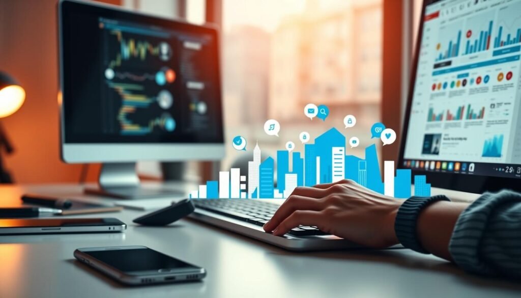 A vibrant social media management scene, with a sleek desktop computer, smartphone, and various digital devices arranged neatly on a minimalist workspace. Soft, warm lighting casts a subtle glow, creating a focused, productive atmosphere. In the foreground, a hand types intently on the keyboard, while the screen displays social media platforms, analytics, and scheduling tools. The middle ground features a stylized illustration of social media icons, representing the diverse channels being managed. The background showcases a blurred cityscape, hinting at the global, connected nature of modern social media marketing.