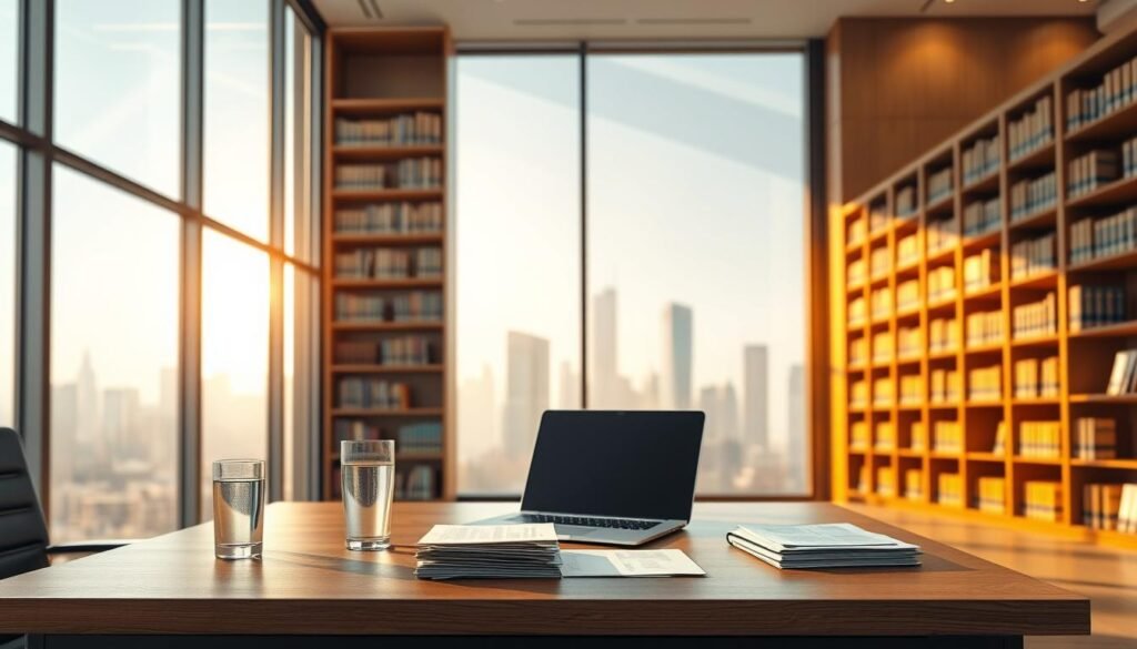 A well-lit, professional-looking 3D office scene. In the foreground, a desk with a laptop, papers, and a glass of water. In the middle ground, a large bookshelf filled with legal and compliance-related books. In the background, a large window overlooking a modern city skyline, with shafts of warm, golden sunlight streaming in. The overall mood is one of diligence, order, and attention to detail - reflecting the ethical data compliance practices of a leading web scraping and data extraction service.