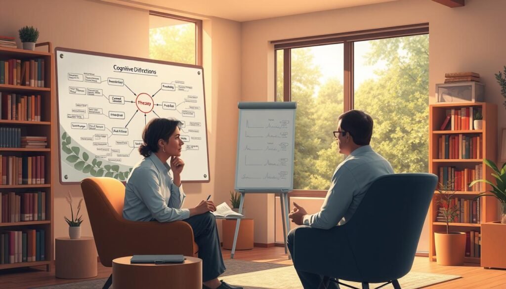 Detailed illustration of cognitive behavioral therapy, featuring a well-lit therapy session in a warm, inviting office setting. In the foreground, a therapist and patient engaged in thoughtful discussion, surrounded by shelves of books and a cozy armchair. The middle ground showcases a whiteboard with a mind map of cognitive distortions, while the background depicts calming nature imagery through a large window, creating a sense of serenity and introspection. Rendered in a realistic, photorealistic style with a soft, natural lighting scheme.