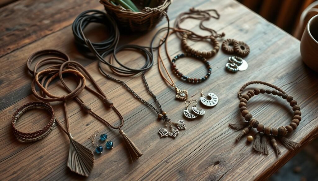 Elegant handmade accessories displayed on a rustic wooden table, with a natural, earthy ambiance. Assorted necklaces, bracelets, and earrings crafted from natural materials like leather, beads, and metal, showcasing the artisanal skills of the creator. Soft, warm lighting illuminates the intricate textures and designs, inviting the viewer to appreciate the beauty and craftsmanship. The scene evokes a sense of tranquility and authenticity, reflecting the care and passion poured into each unique piece.