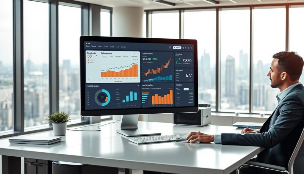 A bright, well-lit office setting with a large desk showcasing a sleek, modern desktop computer and a clean, organized workspace. On the computer screen, a comprehensive sales dashboard displaying various metrics such as revenue, lead conversion rates, and sales pipeline stages. The foreground features a business professional, dressed in a sharp suit, intently analyzing the data on the screen, their expression one of focus and determination. The background depicts an expansive city skyline visible through large windows, conveying a sense of scale and the broader business landscape. The overall mood is one of productivity, strategic planning, and data-driven decision-making.