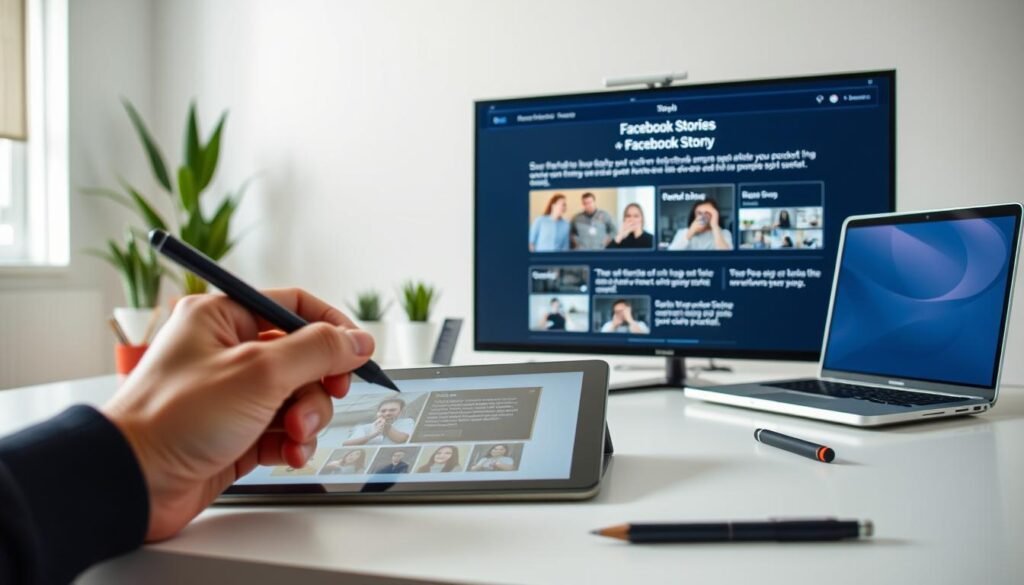 A brightly lit, clean-looking workspace with a modern desk, a laptop, and various stationery items. In the foreground, a hand holding a stylus is poised over a tablet, ready to create a visual tutorial. The middle ground features a large monitor displaying step-by-step instructions for creating a story, with a clear, easy-to-follow layout. The background showcases a minimalist, white-walled room with a few potted plants, suggesting a productive and inspiring environment. The overall scene conveys a sense of creativity, digital expertise, and a step-by-step approach to mastering the art of creating Facebook stories.