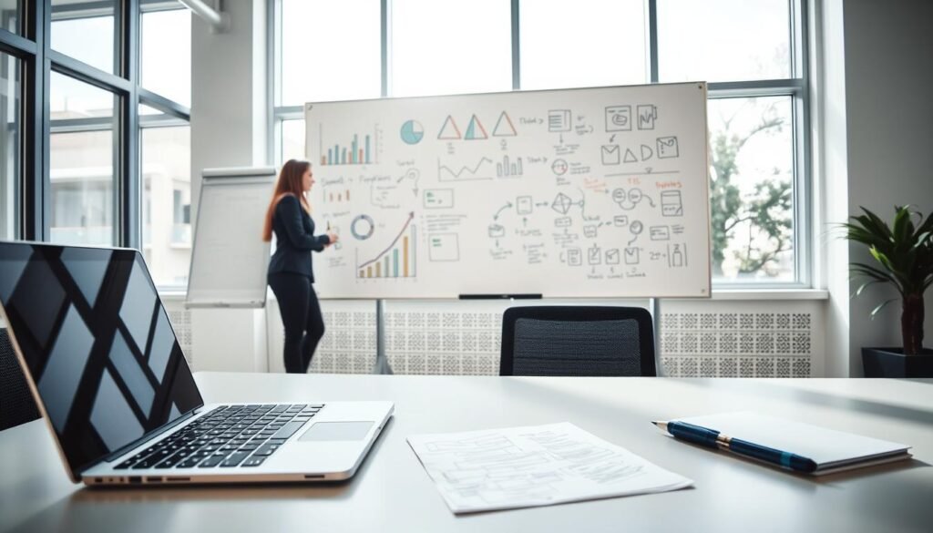 A brightly lit, professional-looking office setting with a clean, minimal aesthetic. In the foreground, a desk with a laptop, notepad, and pen, conveying the process of documenting business hypotheses. The middle ground features a whiteboard with hand-drawn diagrams, charts, and notes, reflecting the analytical and strategic aspects of the task. The background showcases floor-to-ceiling windows, allowing natural light to flood the space and create an airy, inspiring atmosphere. The overall mood is one of focused productivity and strategic thinking, suitable for illustrating the "Step 1: Document Your Business Hypotheses" section of the article. A brightly lit, professional-looking office setting with a clean, minimal aesthetic. In the foreground, a desk with a laptop, notepad, and pen, conveying the process of documenting business hypotheses. The middle ground features a whiteboard with hand-drawn diagrams, charts, and notes, reflecting the analytical and strategic aspects of the task. The background showcases floor-to-ceiling windows, allowing natural light to flood the space and create an airy, inspiring atmosphere. The overall mood is one of focused productivity and strategic thinking, suitable for illustrating the "Step 1: Document Your Business Hypotheses" section of the article.