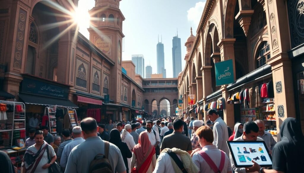A bustling Arab marketplace with towering traditional architecture, where merchants display their wares amidst the lively crowd. In the foreground, shoppers browse digital tablets, signaling the growth of e-commerce in the region. Sunlight filters through ornate arches, casting warm hues on the scene. Vibrant colors and intricate patterns adorn the buildings, reflecting the rich cultural heritage. In the background, modern skyscrapers stand as a testament to the region's technological advancement. The image conveys the symbiosis of ancient tradition and digital innovation, capturing the dynamic transformation of the Arab world's e-commerce landscape.