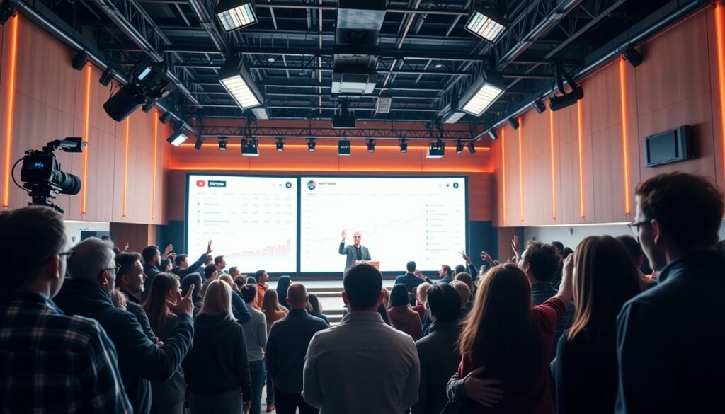 A bustling YouTube studio with creators engaging their audience in lively discussions. In the foreground, a presenter gesturing enthusiastically on a well-lit stage, surrounded by an attentive crowd. In the middle ground, group interactions as viewers actively participate, raising their hands and leaning in. The background features cutting-edge camera equipment, lighting rigs, and a large screen displaying real-time analytics, reflecting the data-driven nature of audience engagement strategies. The atmosphere is one of energy, enthusiasm, and a shared passion for content creation. Captured with a cinematic wide-angle lens, the scene conveys the dynamic and immersive experience of growing and engaging a thriving YouTube audience.