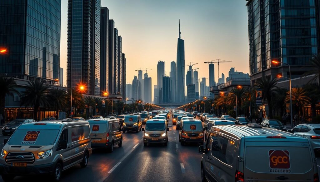 A bustling city skyline, towering glass-and-steel high-rises casting long shadows across the bustling streets below. In the foreground, a fleet of sleek, modern delivery vehicles emblazoned with the GCC food delivery logo navigates the busy traffic, their drivers expertly weaving through the congestion. The warm glow of streetlamps illuminates the scene, capturing the energy and dynamism of a region on the cusp of a culinary revolution. In the distance, the silhouettes of skyscrapers and cranes hint at the rapid growth and expansion that has transformed this once-sleepy market into a regional powerhouse. The overall atmosphere conveys a sense of progress, innovation, and the relentless pace of change that has come to define the GCC's evolving food landscape.